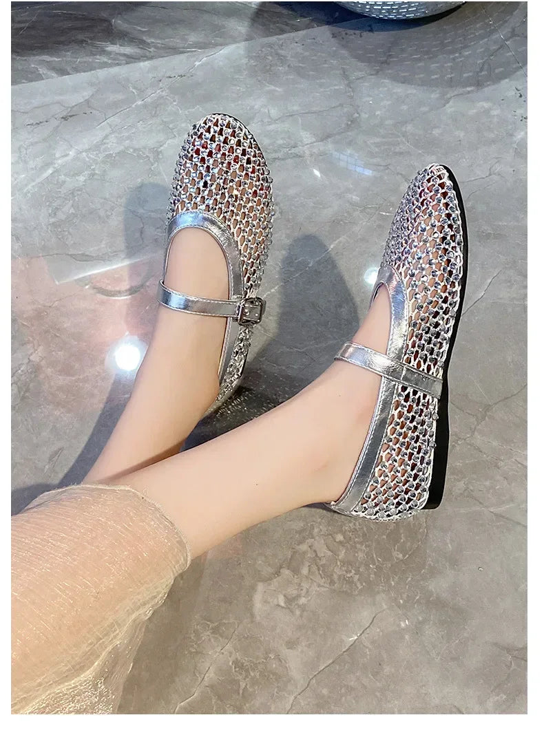 Luxury Crystal Rhinestone Fishnet Ballet Flats Woman Brand Design Rivet Mesh Mary Jane Shoes Ladies Summer Loafers Plus Size 42