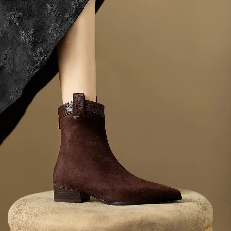Women's Vintage Chunky Heel Ankle Boots Autumn Winter New Pointy Square Head Suede Back Zipper Soft Sole Non-slip Short Boots
