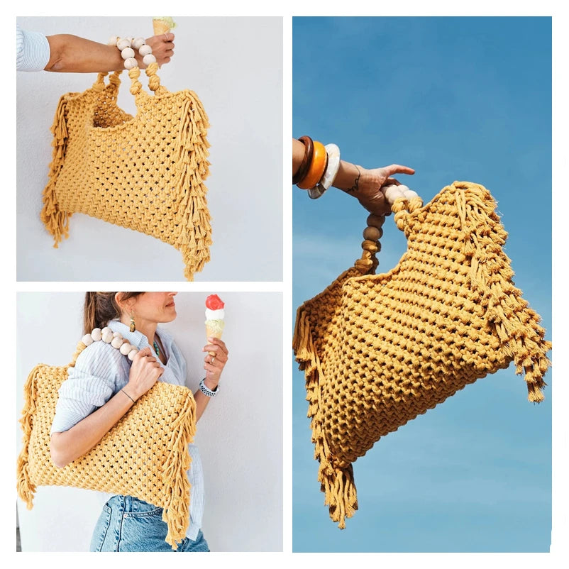 Macrame bag wholesale women Crochet boho chic Summer fringe beach tote bag ivory purple green blue black