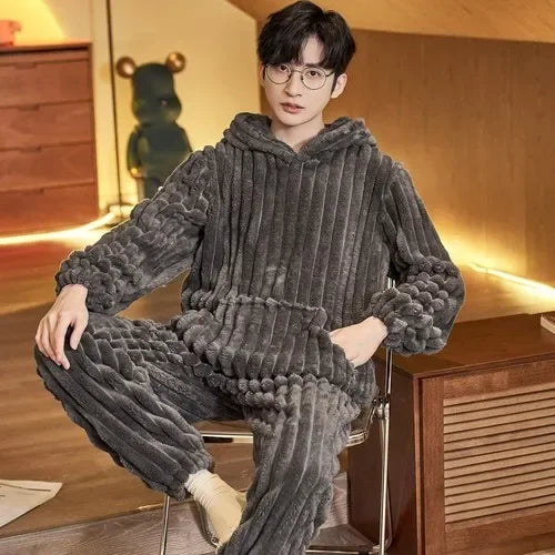2024 Winter Men Fleece Casual Long Sleeve Pajamas Set Coral Velvet Cute Cartoon Sleepwear Male Plush Thicken Warm Homewear