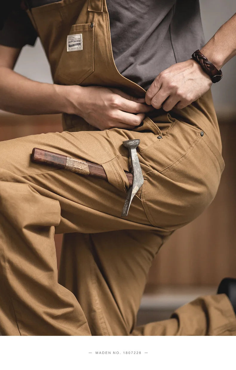 Japanese Vintage Khaki Suspenders Bibs Spring Autumn Canvas Cargo Pants Streetwear Men Rompers Full Length Trousers Jumpsuits