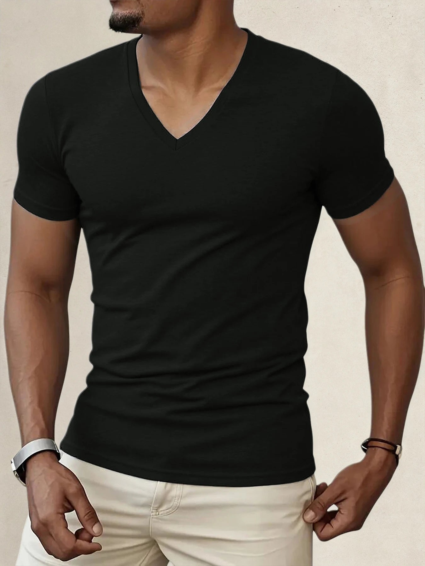 2025 Summer V Collar Mens T Shirt Solid Color Short Sleeved T-Shirt For Male Tops Tees Polyester Men Tights Slim Man Gym Tshirt
