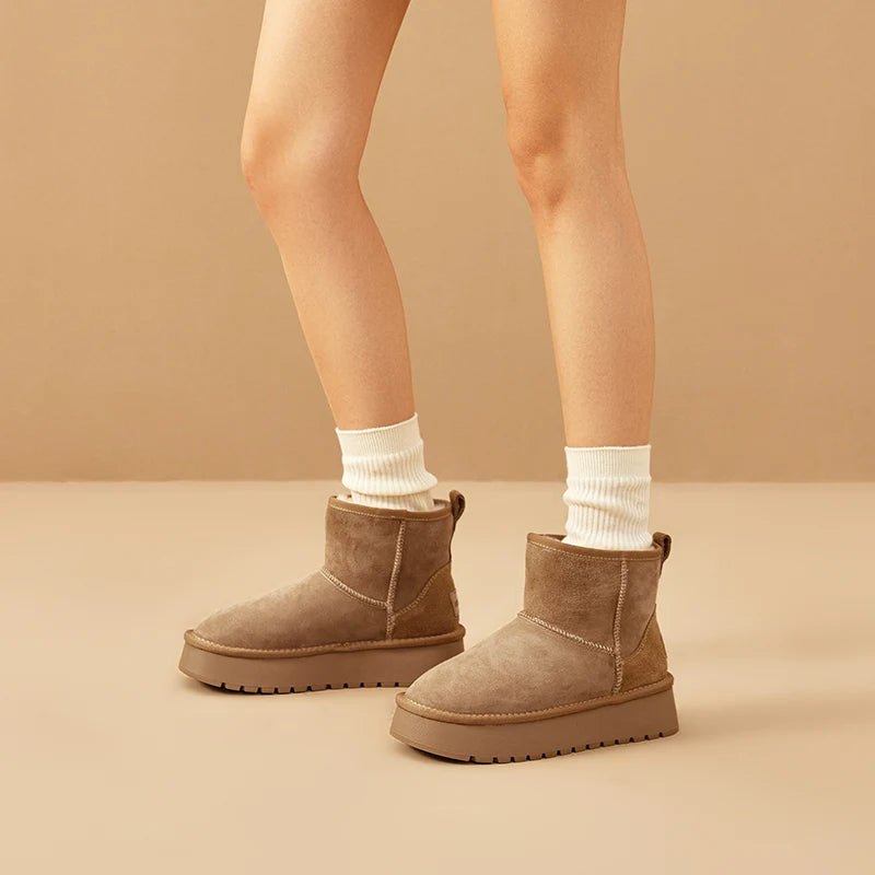 BEAUTODAY Platform Snow Boots Women Suede Sewing Ultra Mini Warm Plush Outdoor Ankle Boots Winter Ladies Handmade 08069