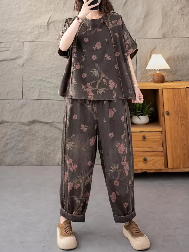 AmaxluluE 2025 Summer Women Denim Suits Loose Printed Two Pieces Sets Floral Outfit O Neck Tops Tees Vintage Jeans Fashion Pants