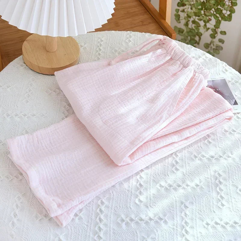 Spring New Pajamas Pants for Women Crepe 100% Cotton Loose Casual Straight Trousers Home Clothes Checkerboard Sleep Pants