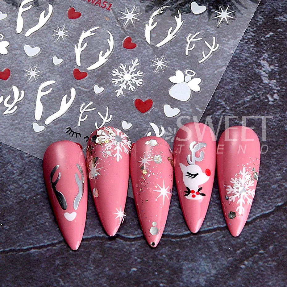 2pcs 3D Gold Silver Elk Nail Art Stickers Cartoon Christmas Snowflakes Decal DIY Star Heart Nail Art Manicure Decoration Decals