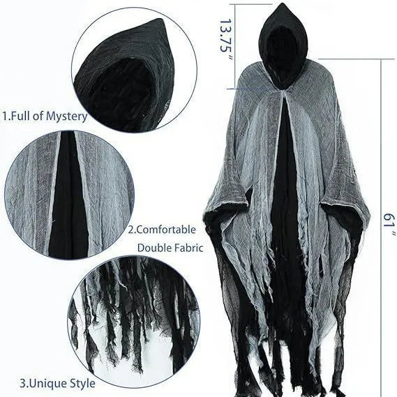 Halloween Tattered Grim Reaper Hooded Gauze Cape Adult Scary Dementor Robe Haunted House Masquerade Horror Cosplay Costume
