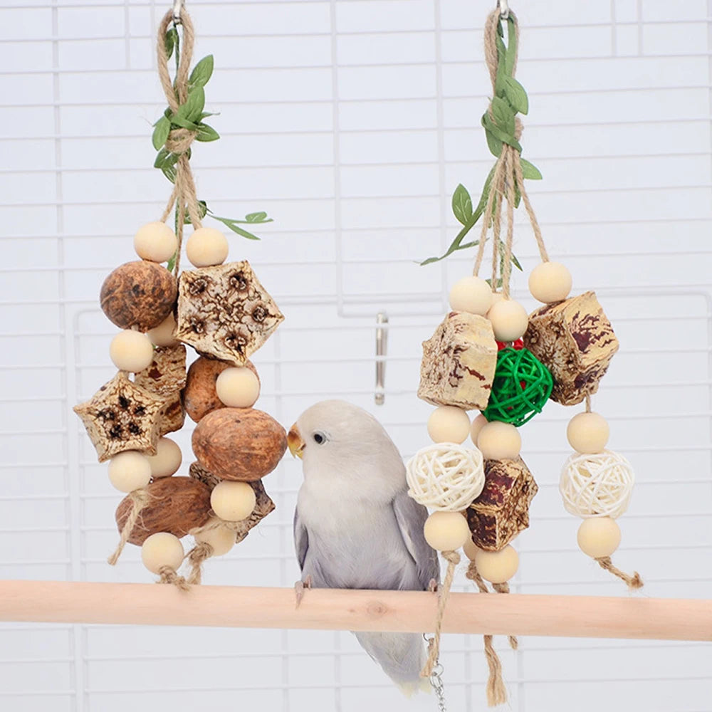 1PC Random Color Wood Hanging Parrot Chewing Swing Toy for Pet Bird Conure Parakeet Cockatiel Lovebird Birdcage Hanging Bite Toy