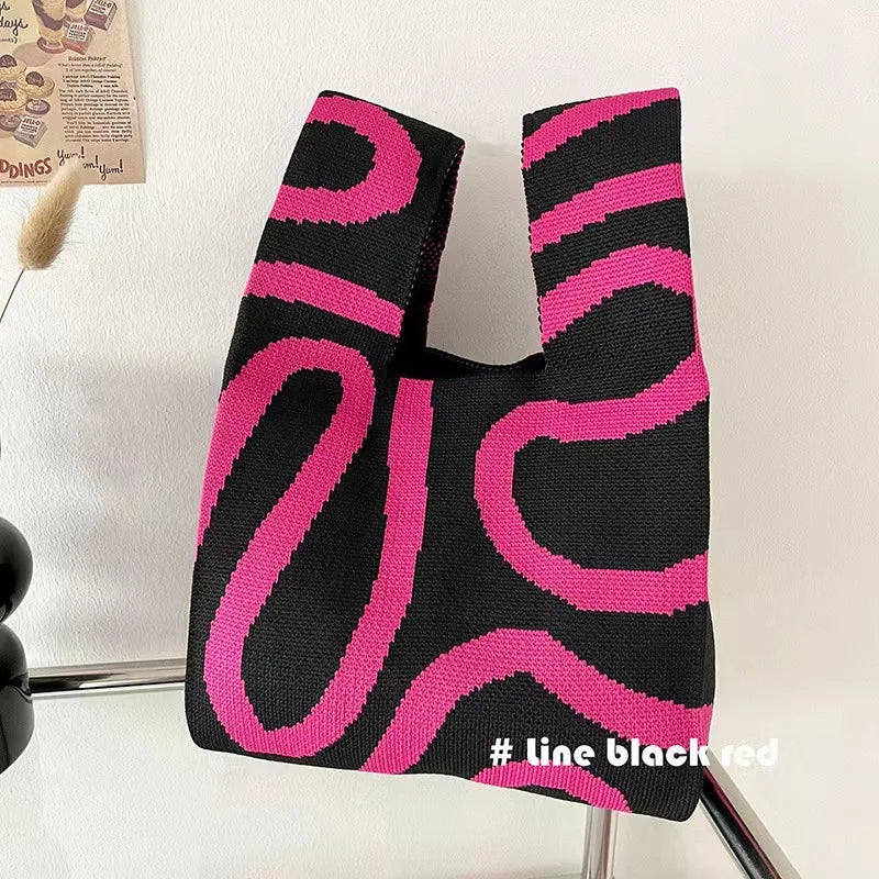 Women'S Knot Wrist Bag Tote Handmade Knitted Bag Portable Mini Striped  Bucket Phone Bags Large Capacity Autumn Winter Handbags