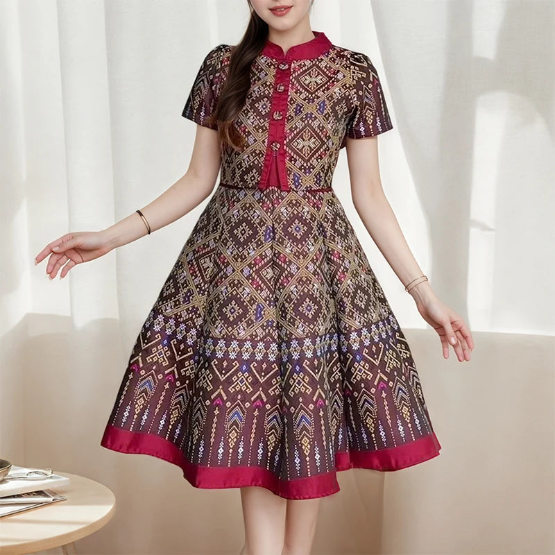 ZANZEA Vintage Geometric Print A-Line Dress Women Fake Two-Piece Stand Collar Short Sleeve Knee-Length Robes Holiday Vestidos