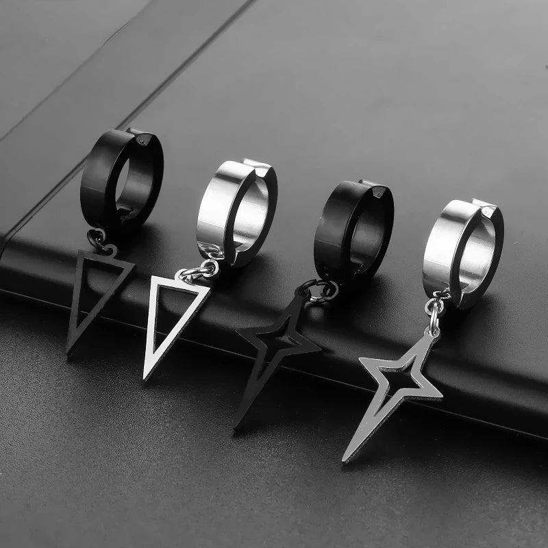 2pcs Unisex Punk Stainless Steel Men Women Non-Piercing Ear Clip Triangle Star Pendant Drop Dangle Earrings Black Silver Color