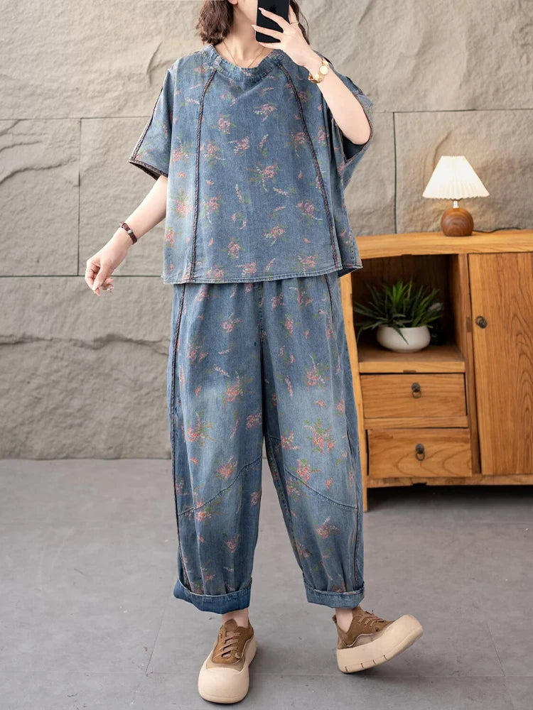 AmaxluluE 2025 Summer Women Denim Suits Loose Printed Two Pieces Sets Floral Outfit O Neck Tops Tees Vintage Jeans Fashion Pants