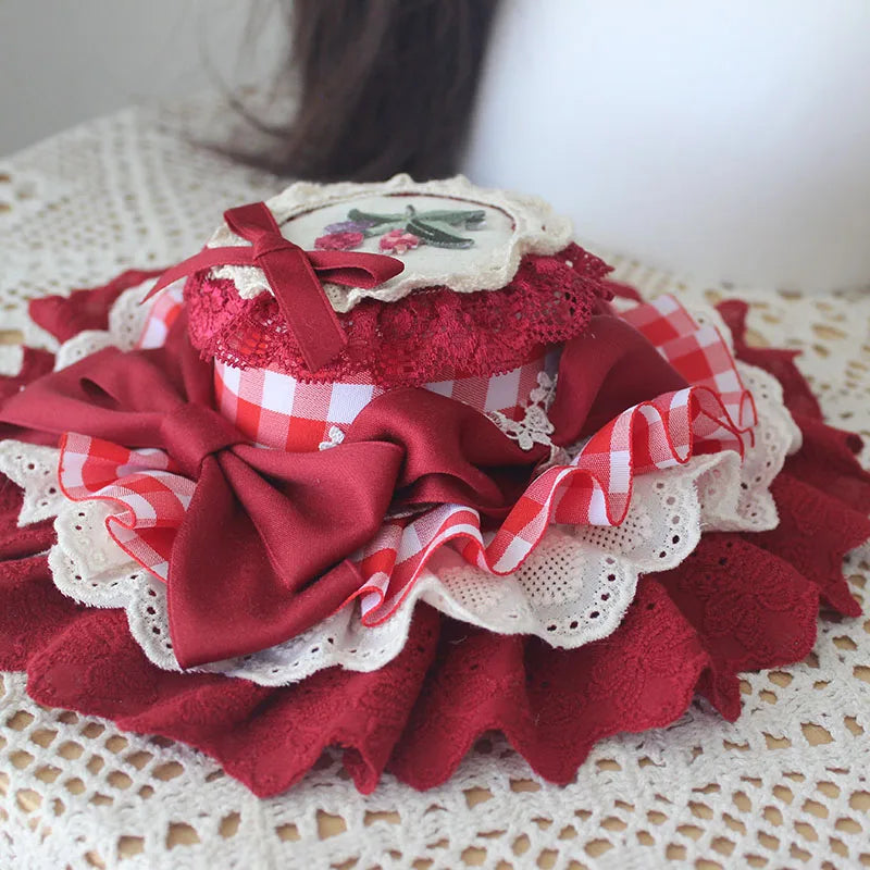 Lolita Sweet Plaid Bow Burgundy Hair Clip Hair Accessories Women Embroidery Lace Stitching Pleated Cake Top Hats Headgear Female