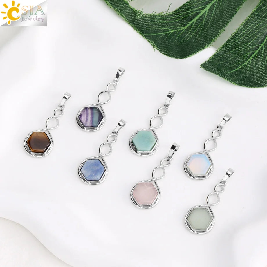 CSJA Natural Stone Earring Necklace Jewelry Set for Women Hexagon Crystal Pendant Stainless Steel Chain Jewelry Accessories H577