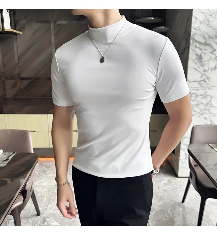 Spring Summer Men's Half High Neck Short Sleeve T-shirt Korean Slim Fit Solid Color Bottom Shirt Casual Cotton Elastic T-shirts