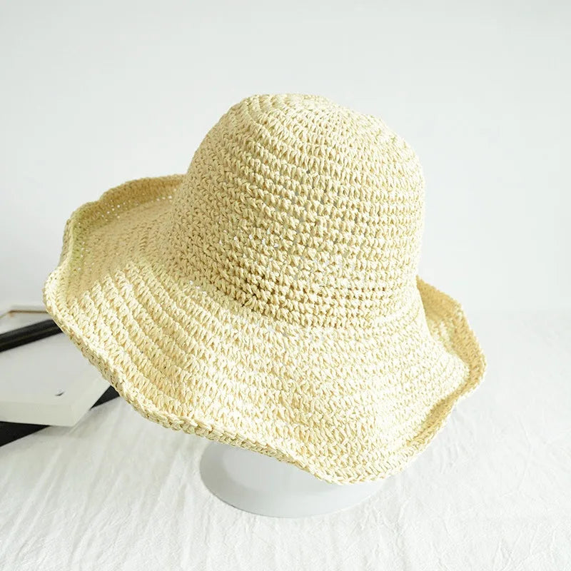 Summer Woven Straw Hat Ladies Beach Hat Sun Hat Wide Brim Soft Simple Fisherman Hat Panama Straw Dome Woven Bucket Hat