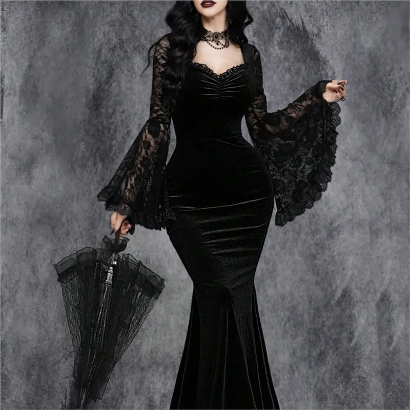 Halloween Gothic Vintage Dress Women Elagnt Lace Patchwork See Through Flare Sleeve High Waist Clubwear Slim Long Dresses Femme