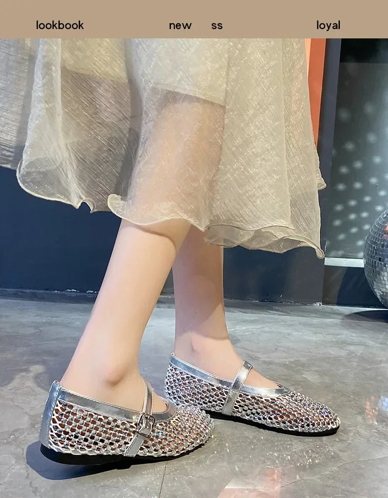 Luxury Crystal Rhinestone Fishnet Ballet Flats Woman Brand Design Rivet Mesh Mary Jane Shoes Ladies Summer Loafers Plus Size 42