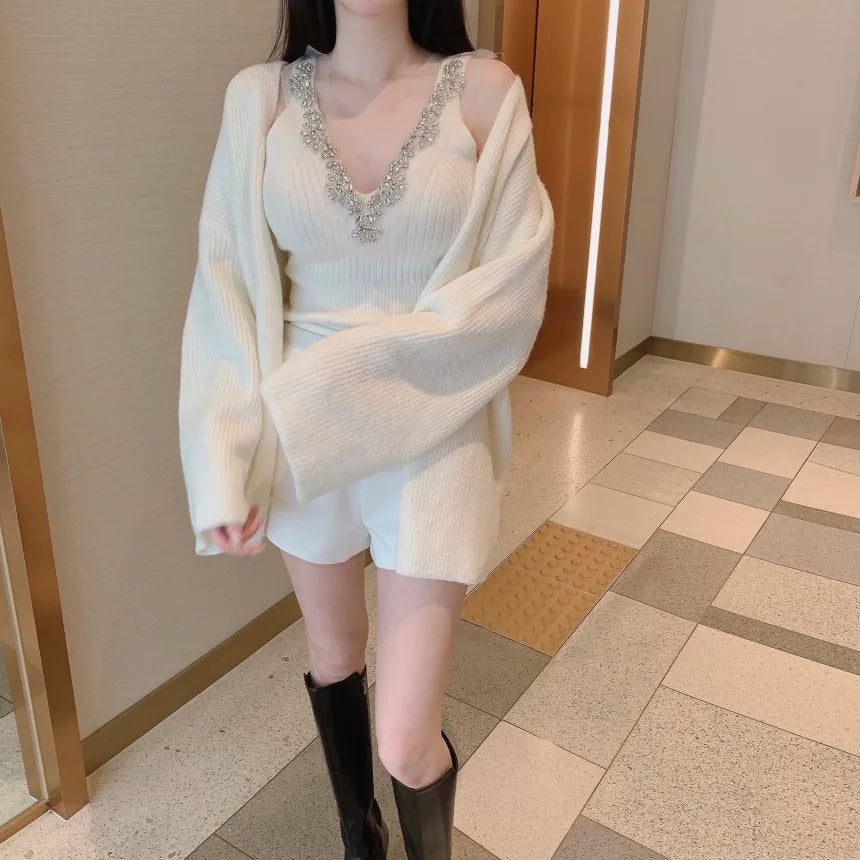 Korean Sle Sexy Sequin Strap Vest Women's Inner Knitted Cardigan Coat Autumn Two-Piece Set Faionable Top And Bot Ensemble