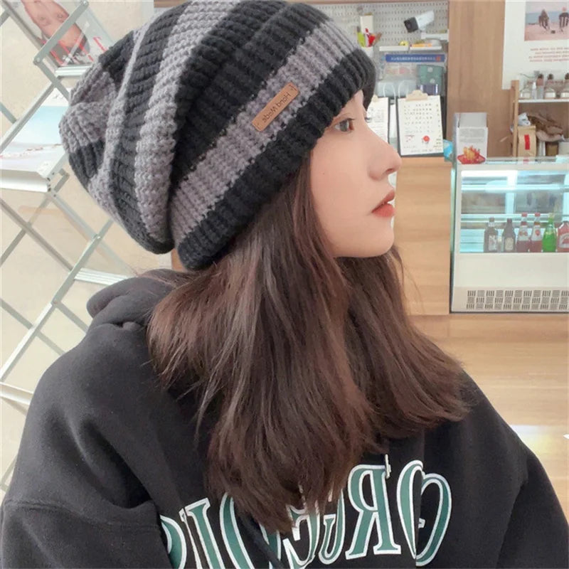 Stripe Knitted Winter Hats, Women Warm Caps, Casual Men's Hip Hop Beanies, Unisex Bonnet