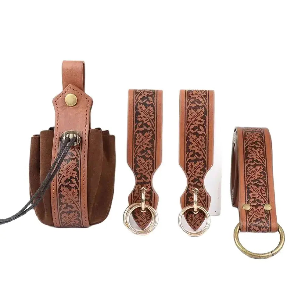 4pcs Renaissance Belts Halloween Medieval Viking Belts Faux Leather Bag Skirt Hiking Cup Holder And Coin Purse Halloween Cosplay