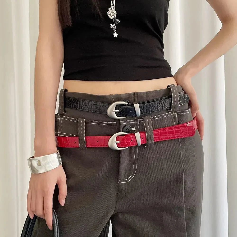 Ins Style Crocodile Pattern Women's Belt PU Leather Korean Thin Waist Belt Niche Black Red Dress Jeans Belt For Girls