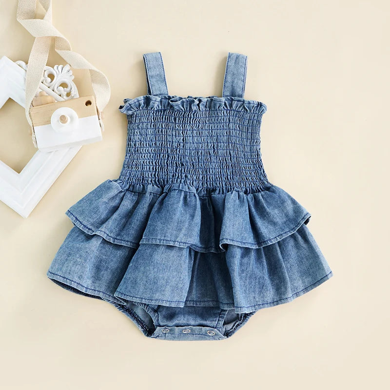 FOCUSNORM 0-18M Summer Baby Girls Boys Cute Romper Clothing Blue Denim Sleeveless Strap Ruffle Layered Jumpsuits
