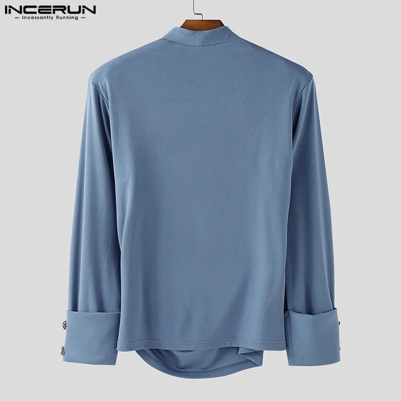 INCERUN Men Irregular Shirt V Neck Long Sleeve Solid Color Men Clothing Loose Pleated Streetwear 2025 Casual Irregular Shirts