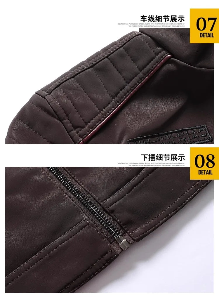 New Pilot Jackets Men's PU Jacket Fashion Casual Stand Collar Motorcycle Coats Trend Men Embroider Windbreak Warm Leather Jacket