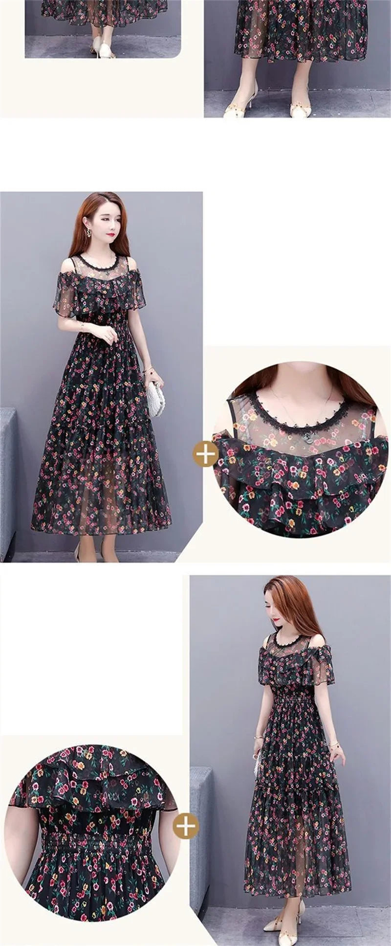 Mesh Chiffon Floral Print Dress Women 2024 New Summer Bohemian Beach Dress Long Off Shoulder Sexy Lady Party Dresses Vestidos
