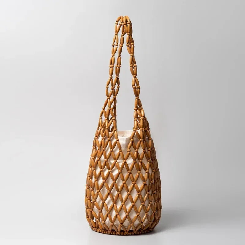 Summer Boho Style Hollow Out Woven Bag for Women Fashion Wooden Beads Shoulder Bag Seaside Holiday Mesh Bucket Tote Bags Bolsa