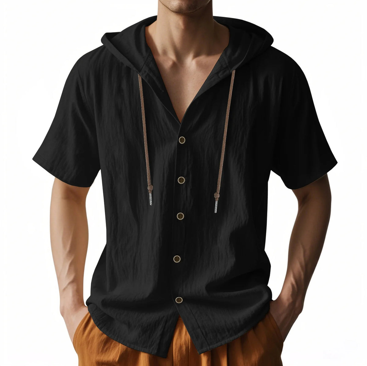 American Summer Men's Thin Breathable Linen Ami Kaji Loose Hooded Short-sleeved Shirt Men