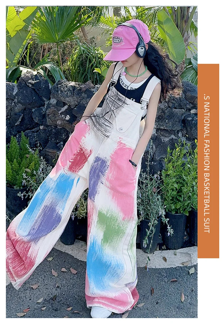 Child Stylish Denim Jumpsuit Dungarees with Drawings for Girl High Fashion Streetwear Suspender Overall Kids Colored Strap Jeans