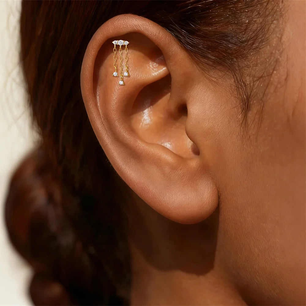 CANNER 1PC Tassel Chain Star Moon 925 Sterling Silver Flat Head Piercing Earring For Woman Ins 14K Gold Plated Dainty Jewelry