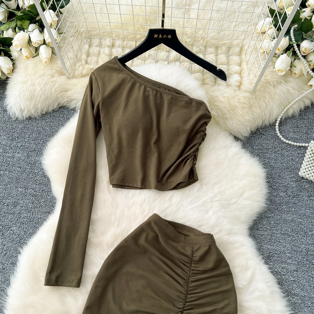 Chic Two-piece Sets One Shoulder Long Sleeve Diagonal Collar Blouse Basics High Waist Split Skirt High Street Vintage Clothing