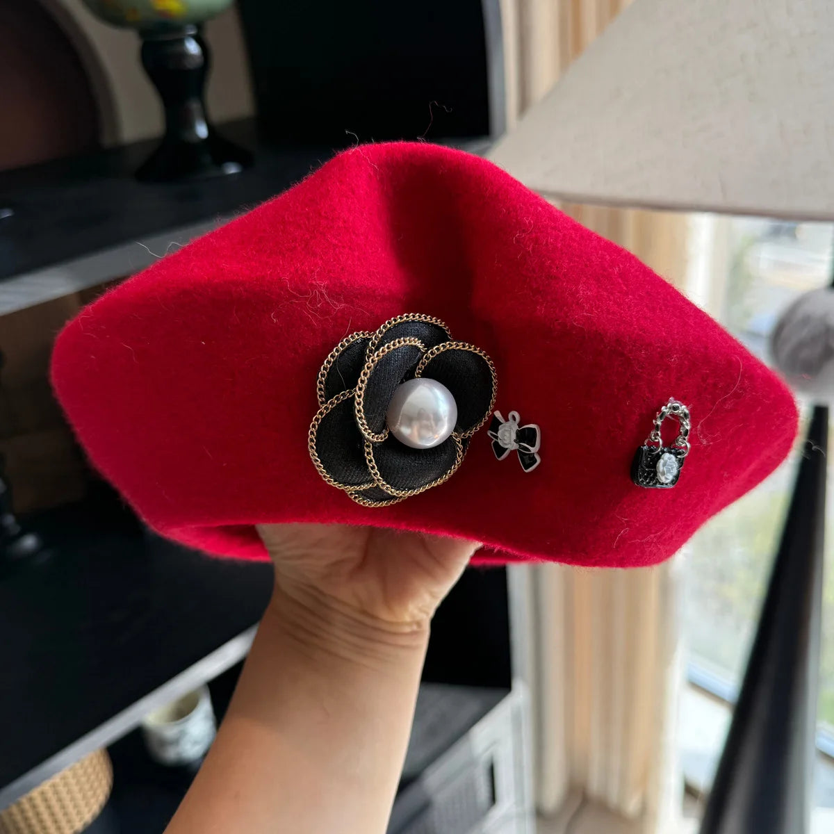 Women's Wool Beret with Camellia & Pearl | French Vintage Elegant Style | Party Painter Hat
