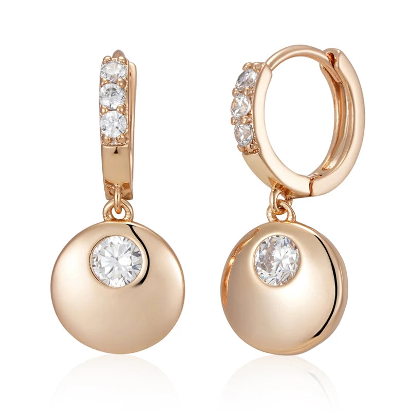 Kinel Fashion Simple Glossy Round Coin Dangle Earrings Women 585 Rose Gold Color With Natural Zircon Party Daily Fine Jewelry