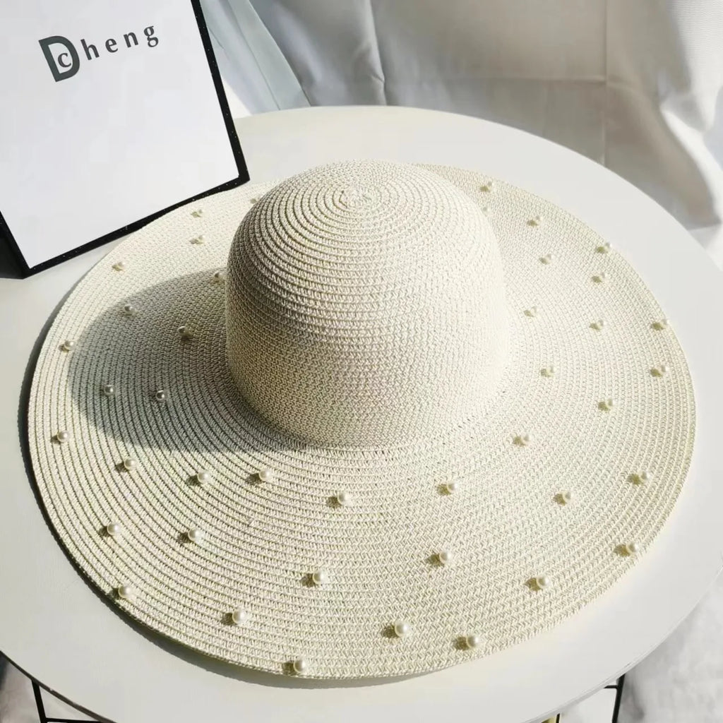 Hand made Pearl Straw Hat For Women's Summer Wide side Jazz Dress Cap Holiday Sun Protection Beach Hats