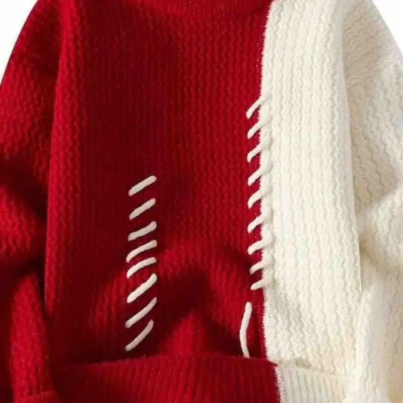 Autumn Winter Men Sweater O-Neck Patchwork Contrast Color Korean Trend Fashion Thicken Warm Pullovers Long Sleeve Knitted Tops