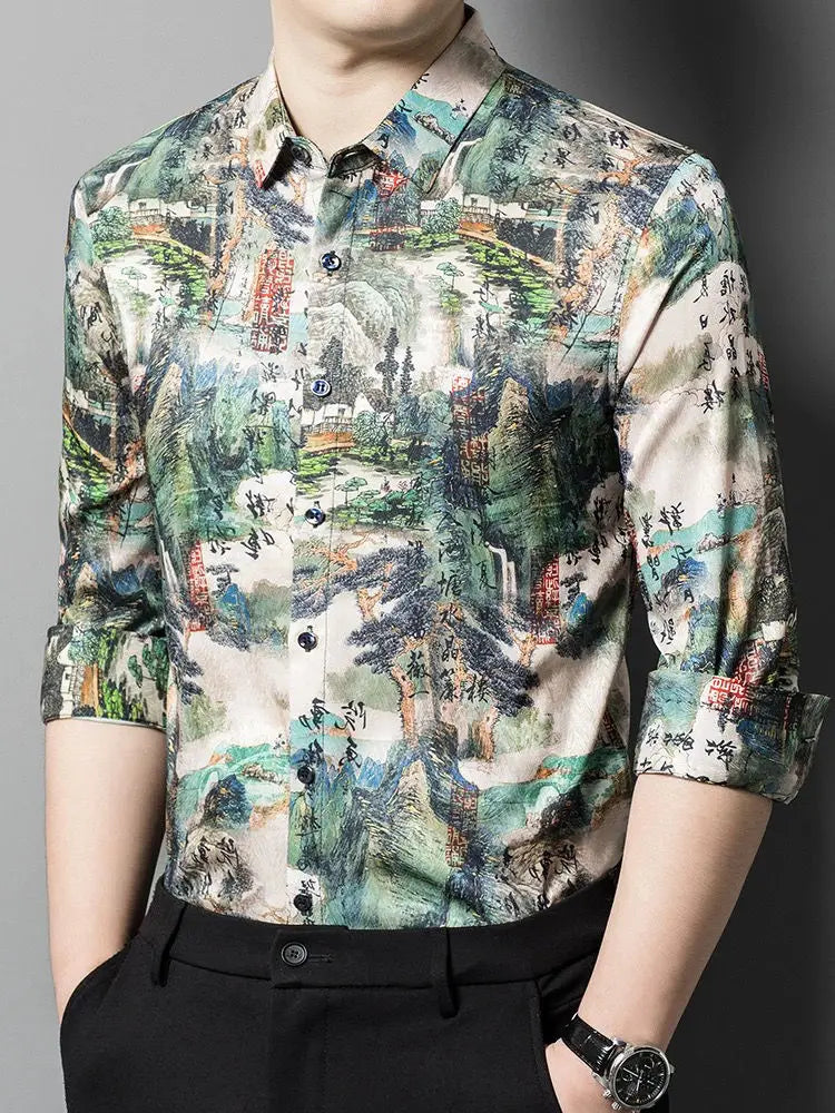 Men's New Long Sleeve National Style Shirt Middle-aged Trendy High-grade Printed China Thin Casual Shirt