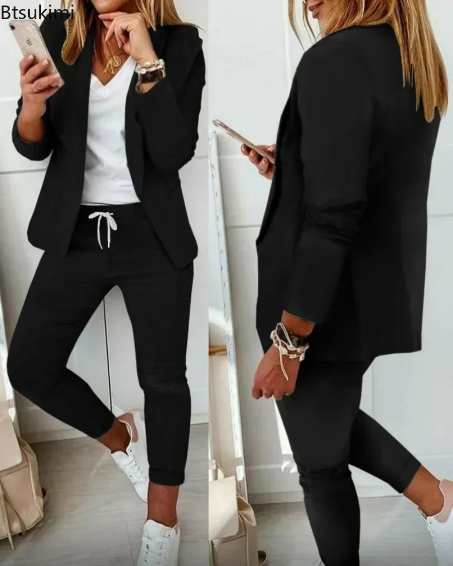 Traje de oficina formal de dos piezas para mujer 2026, conjunto de blazer y pantalón ajustado con bolsillo, solapa, conjuntos de oficina para mujer, chándal de 2 piezas