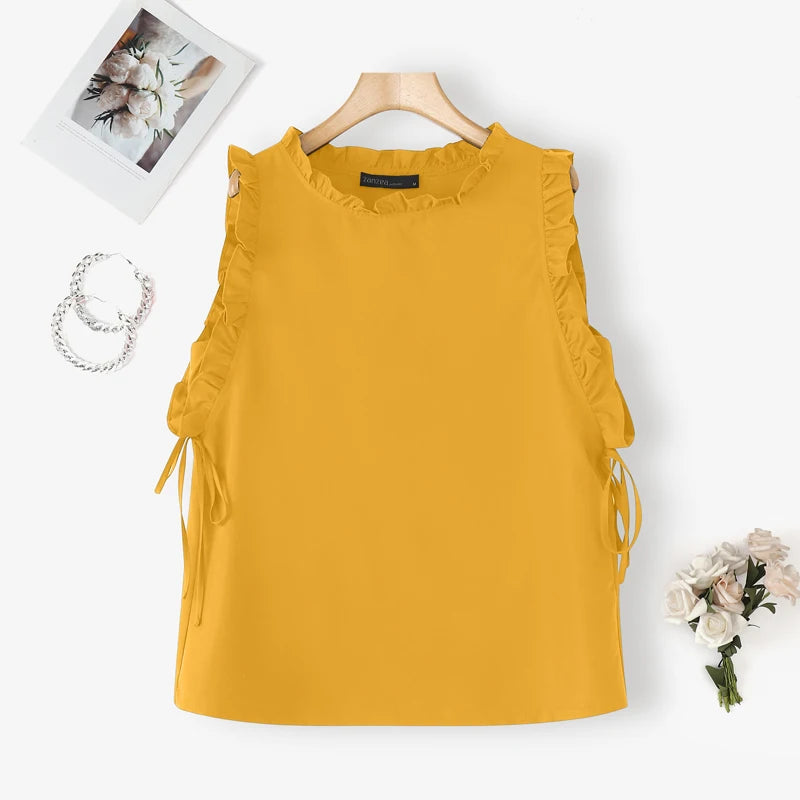 ZANZEA Women Tank Tops 2025 Summer Bandage Casual Loose Tees Sexy Sleeveless Solid Color Shirts Round Neck Ruffled Blusas Tops