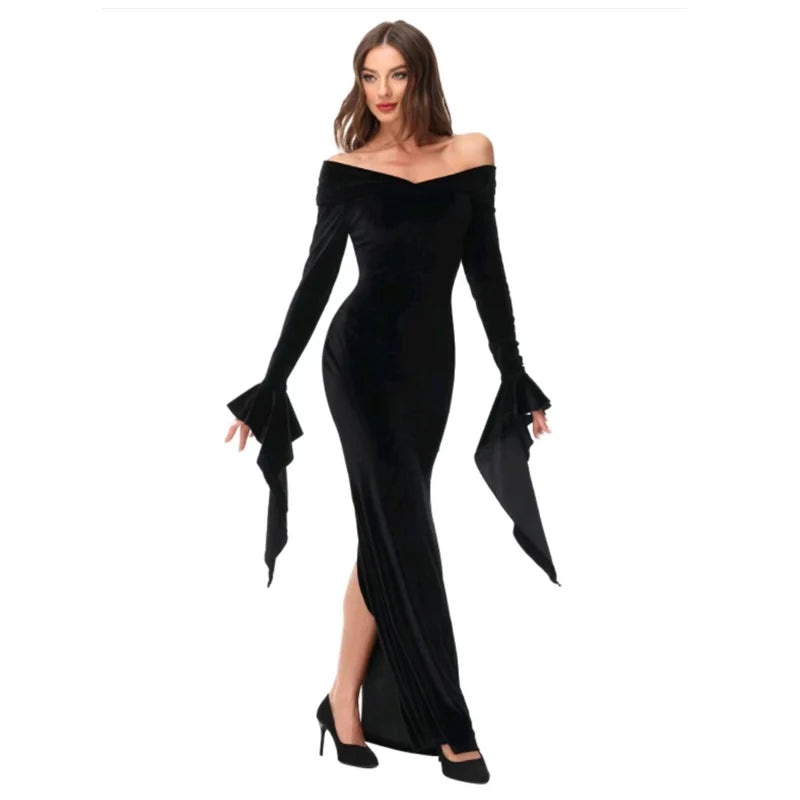 Party Sexy Dress Back Slit Cold Shoulder Women Morticia Addam Evil Halloween Costume Black Gothic Wednesday Outfit For Adult