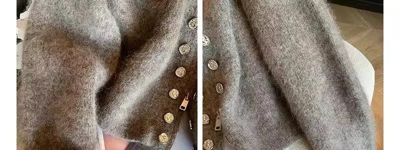 Grey Vintage Sweater Cardigans For Women Autumn New High Collar Double Breasted Knitted Coats Simple Elegant Female Knitwear Top