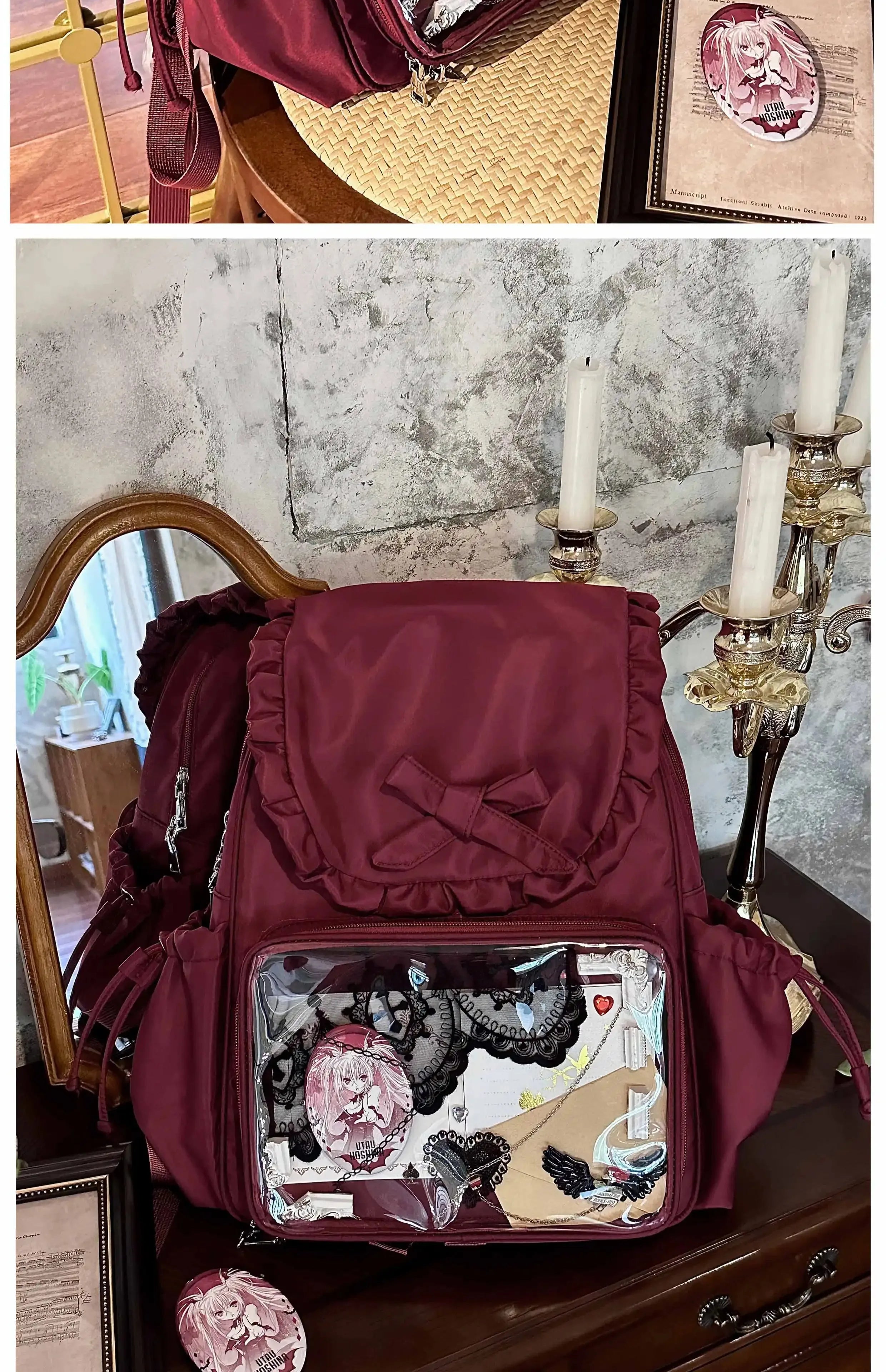 Original Two-dimensional Cute Transparent Large-capacity Backpack Women Sweet Bow Rabbit Ears Bags Preppy Style Kawaii Backpacks