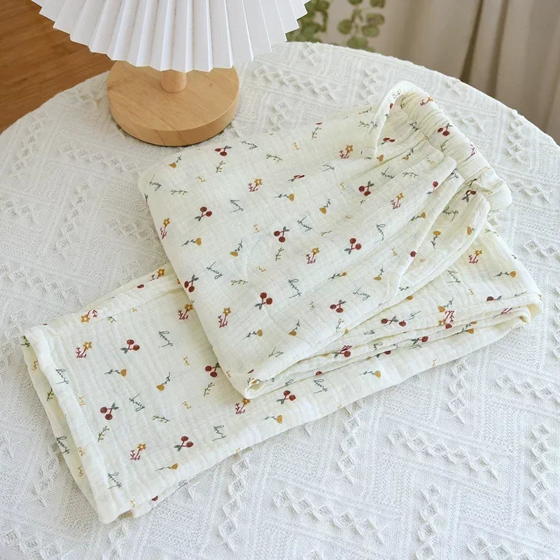 Spring New Pajamas Pants for Women Crepe 100% Cotton Loose Casual Straight Trousers Home Clothes Checkerboard Sleep Pants