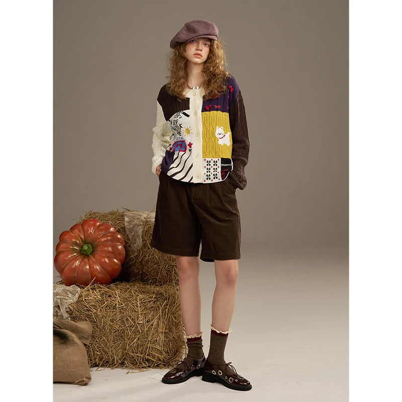 ELFSACK 2025 Autumn New Arrivals Casual Cute Color Block Puppy Cartoon Embroidery Cardigan Sweater For Woman