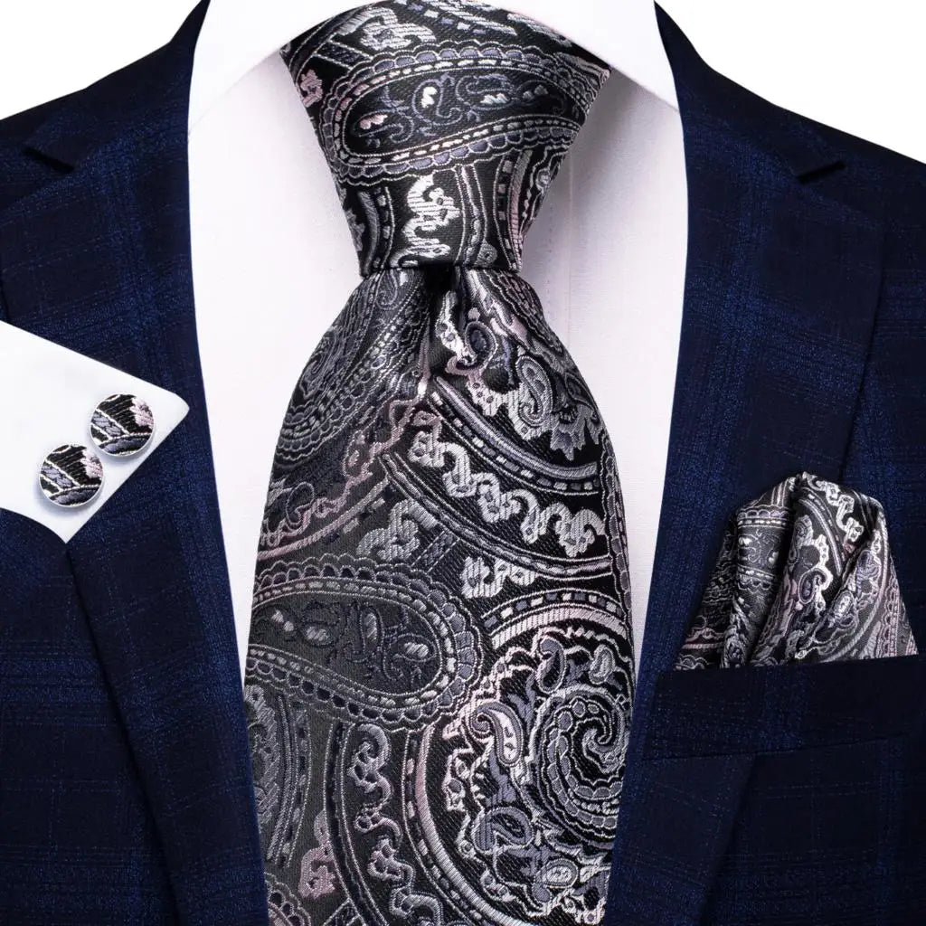 Hi-Tie White Grey Paisley 2026 New Mens Tie Hanky Cufflink Set Necktie For Men Wedding Party Business Men Tie Fashion Brand
