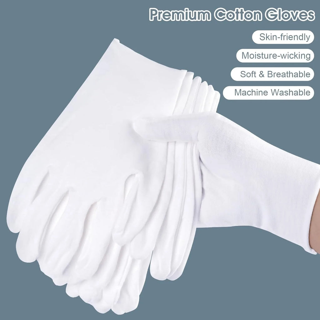 12PCS White Cotton Gloves Jewelry Gloves for Men Women Dry Hands Moisturizing Eczema Inspection Work Gloves Stretchable Cloth