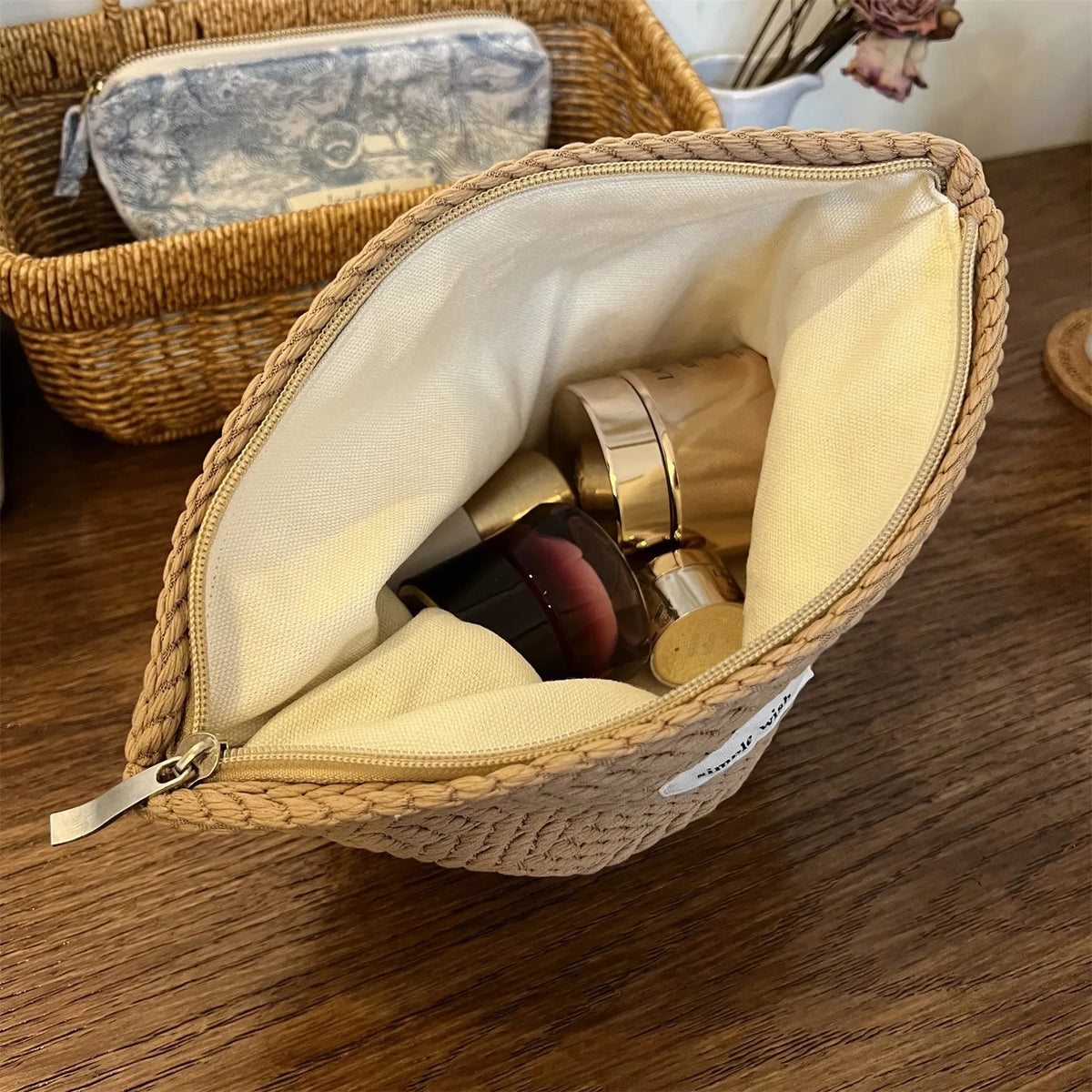Handwoven Cotton Makeup Bag – Artistic Crochet Cosmetic Pouch with Zipper, Minimalist Clutch for Women